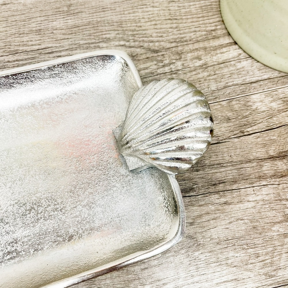 Vintage Shell Handled Silver Tray, Aluminum Serving Platter - Picture 2 of 12